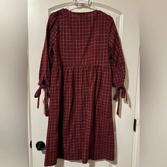 Stevie Hender Burgundy Plaid Midi Dress with Tie Sleeves - Picture 2 of 5